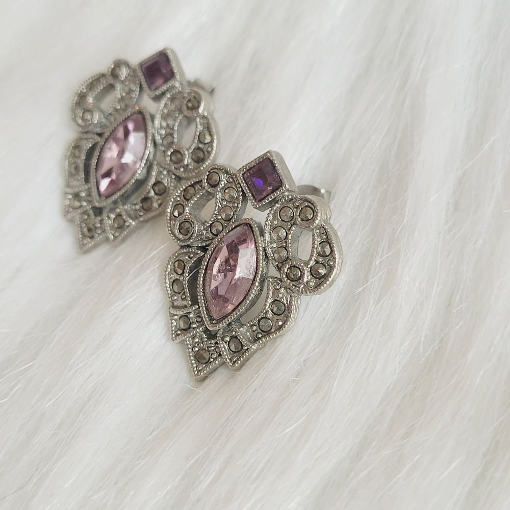 Victorian Rhinestone Earrings Art Deco Regency Boho Marcasite Silver Tone 21086 - Picture 4 of 7